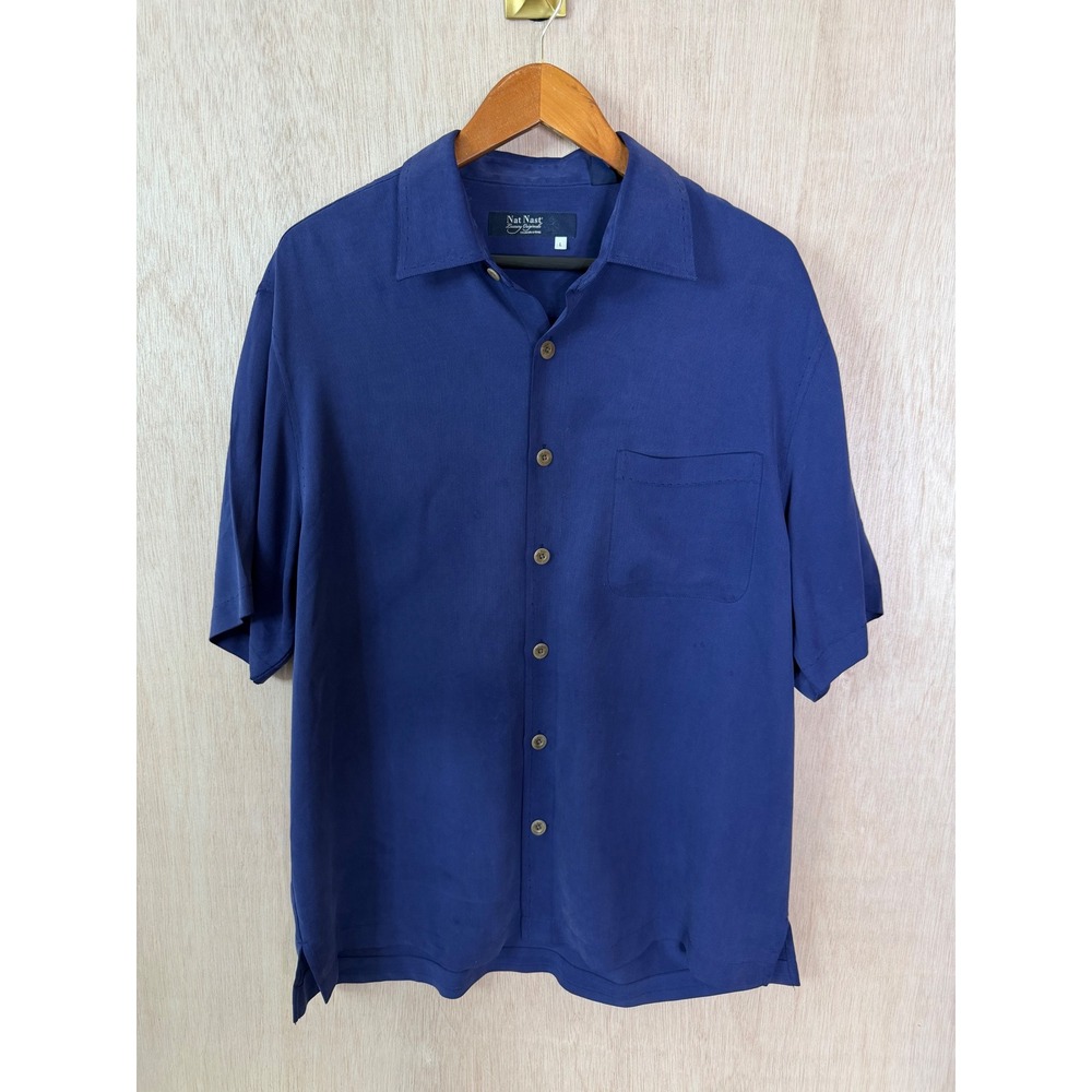 Nat Nast Luxury Originals Mens Large Blue Silk Blend Short Sleeve Camp Shirt